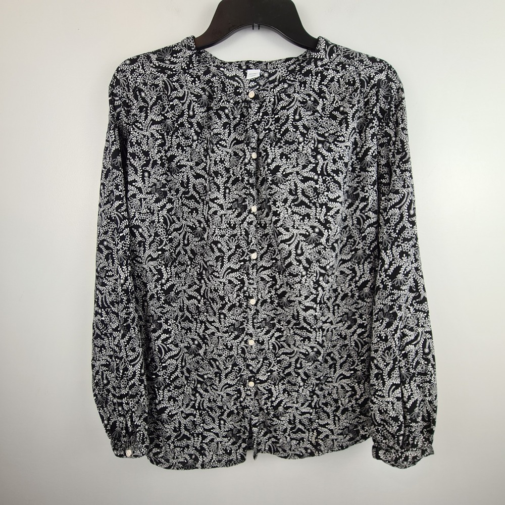 Old Navy Womens Large Black White Floral Button Front Long Sleeve Blouse Boho